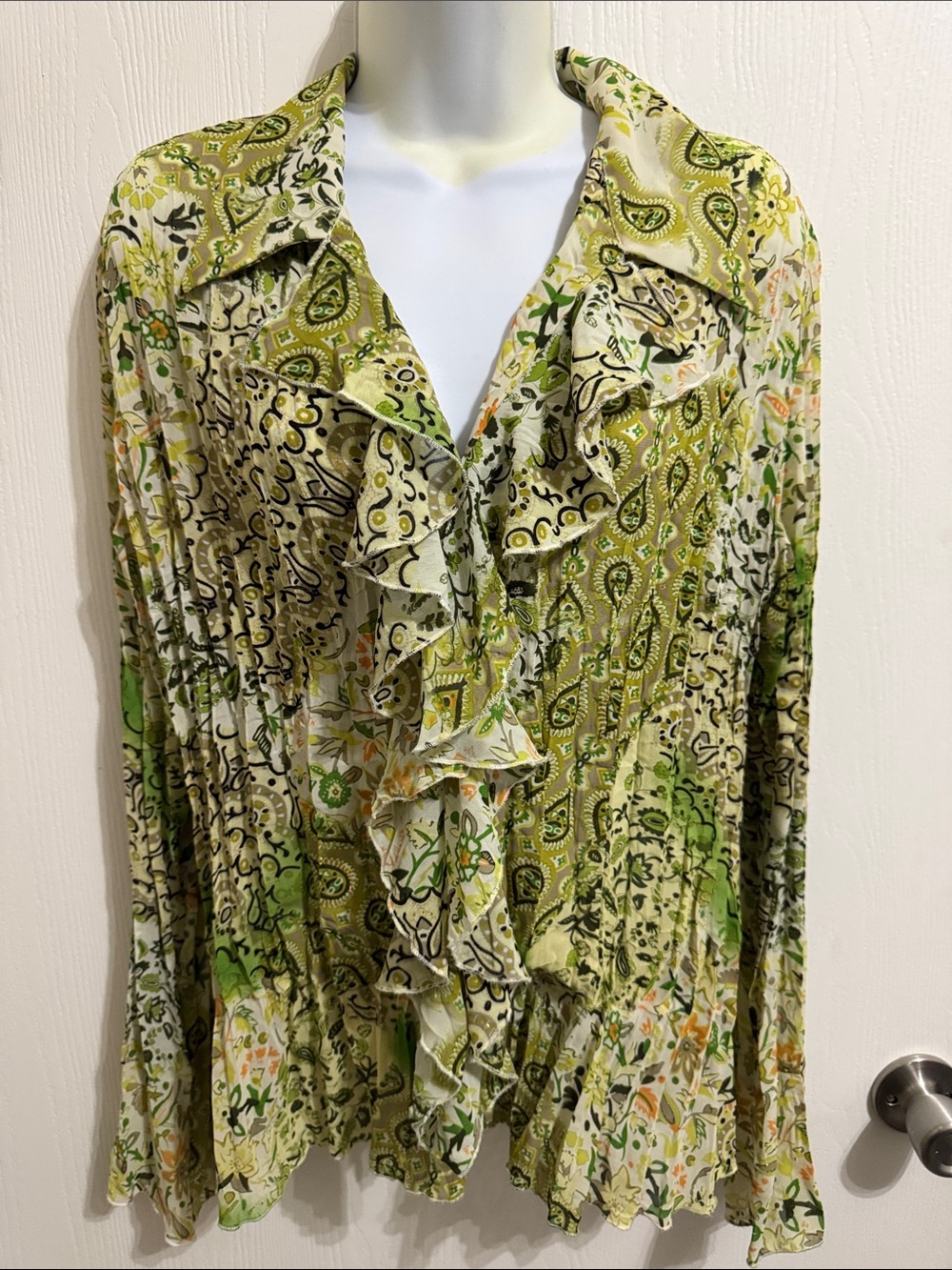 Vintage Y2K Paisley Green Ruffled Semi Sheer V-Neck Blouse Top Large Notations